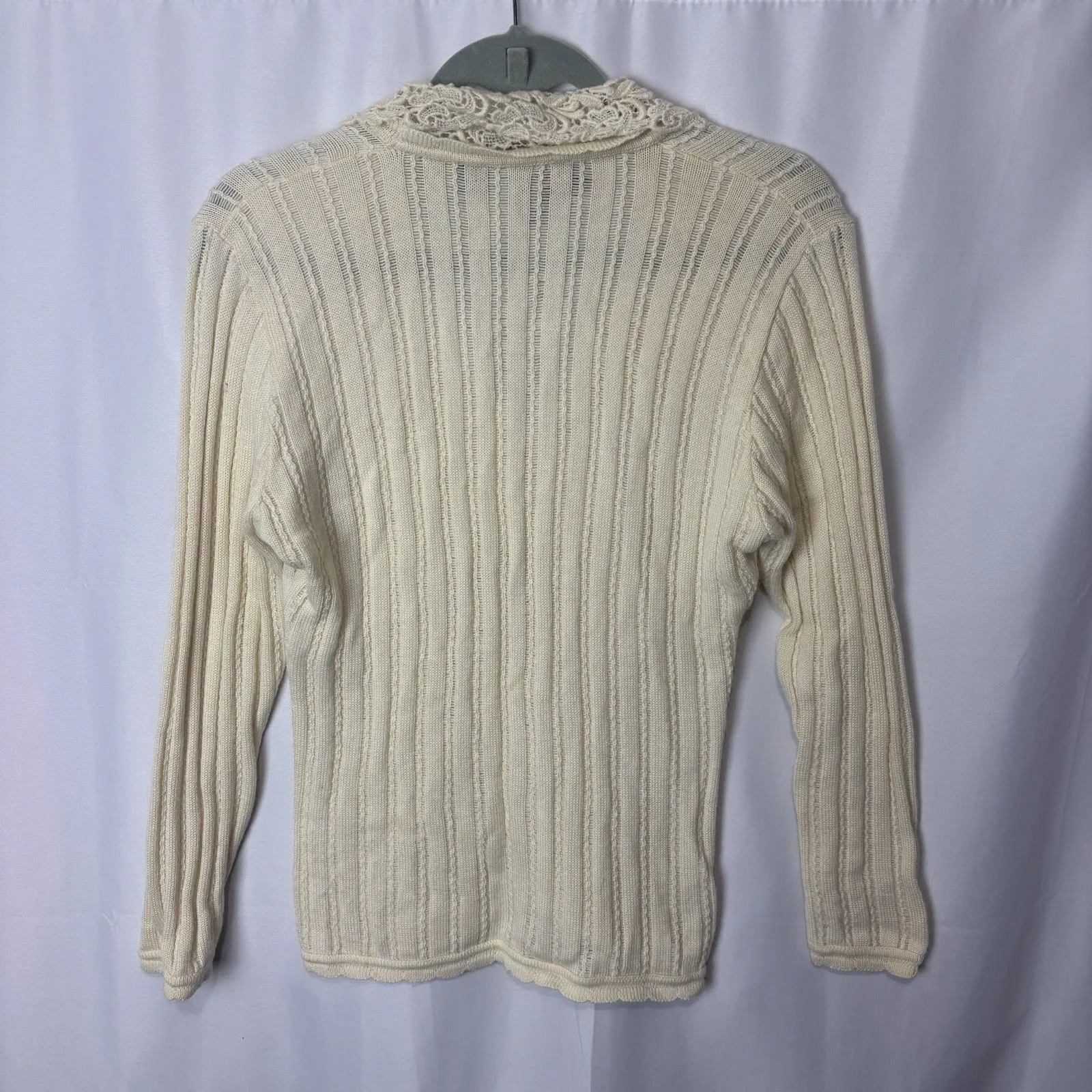 Vtg Cream Lace Collar Knit Cardigan Coquette Cottagecore Fairycore 90s M Wool Size M - Image 8