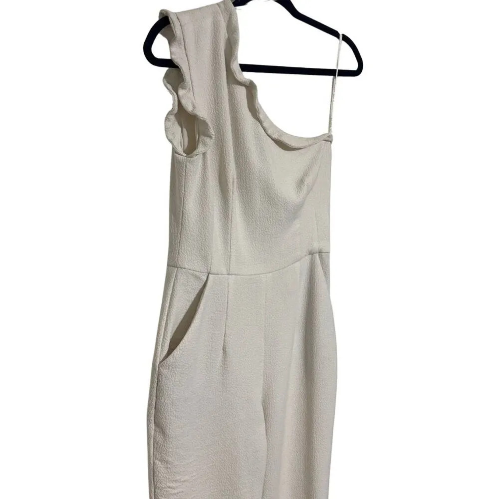 BLACK HALO Pravella Crepe One Shoulder Fitted Cropped Flare Jumpsuit White 2 - Image 4