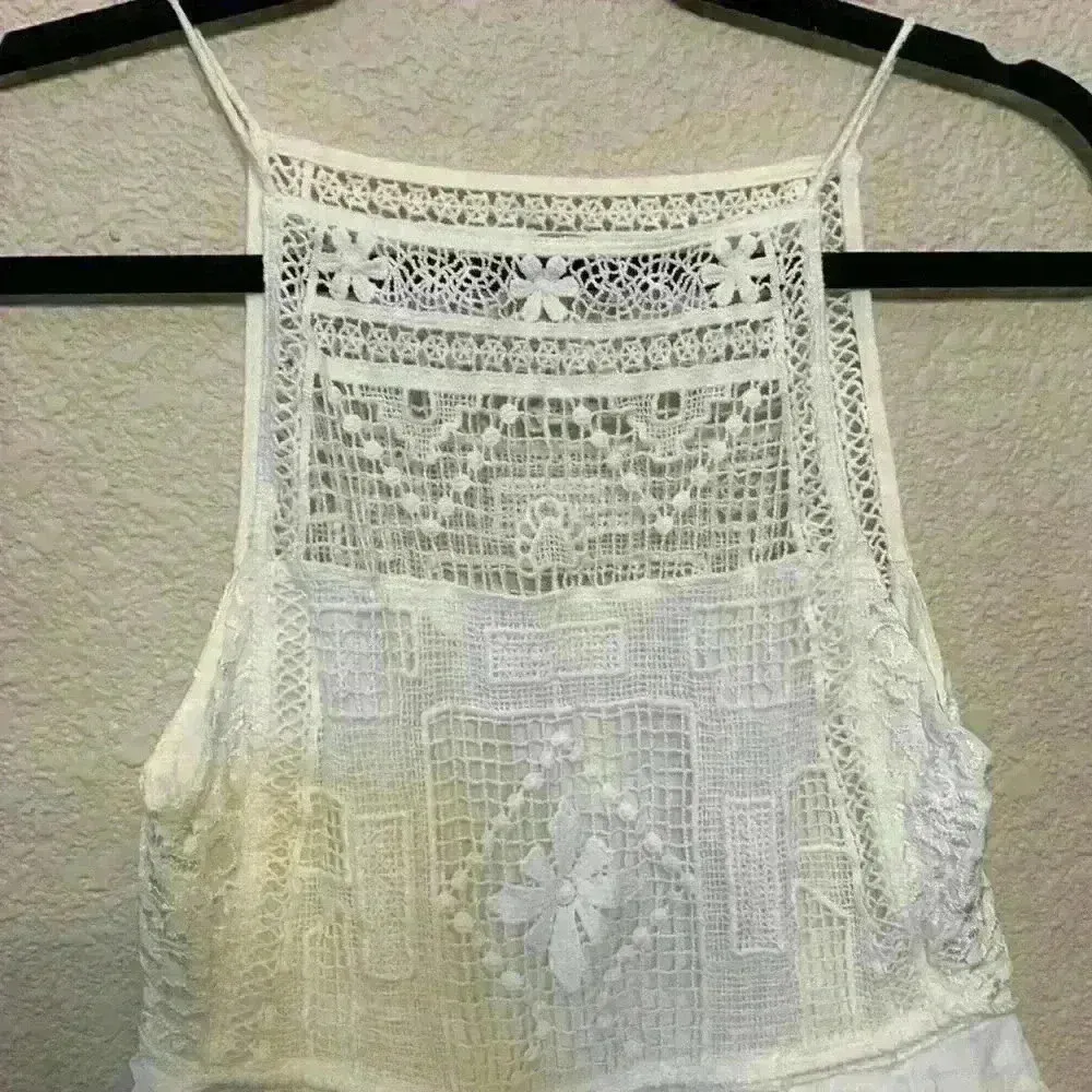White Free people mini dress sz XS embroidered crochet tiered festival bridal - Image 2