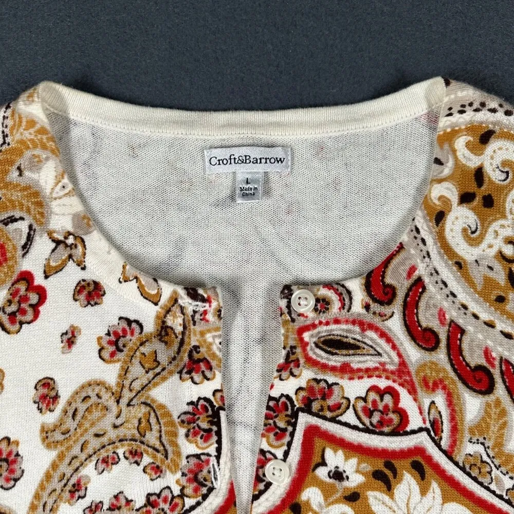Croft & Barrow Womens Large Paisley Print Round Neck Long Sleeve Cardigan - Image 2