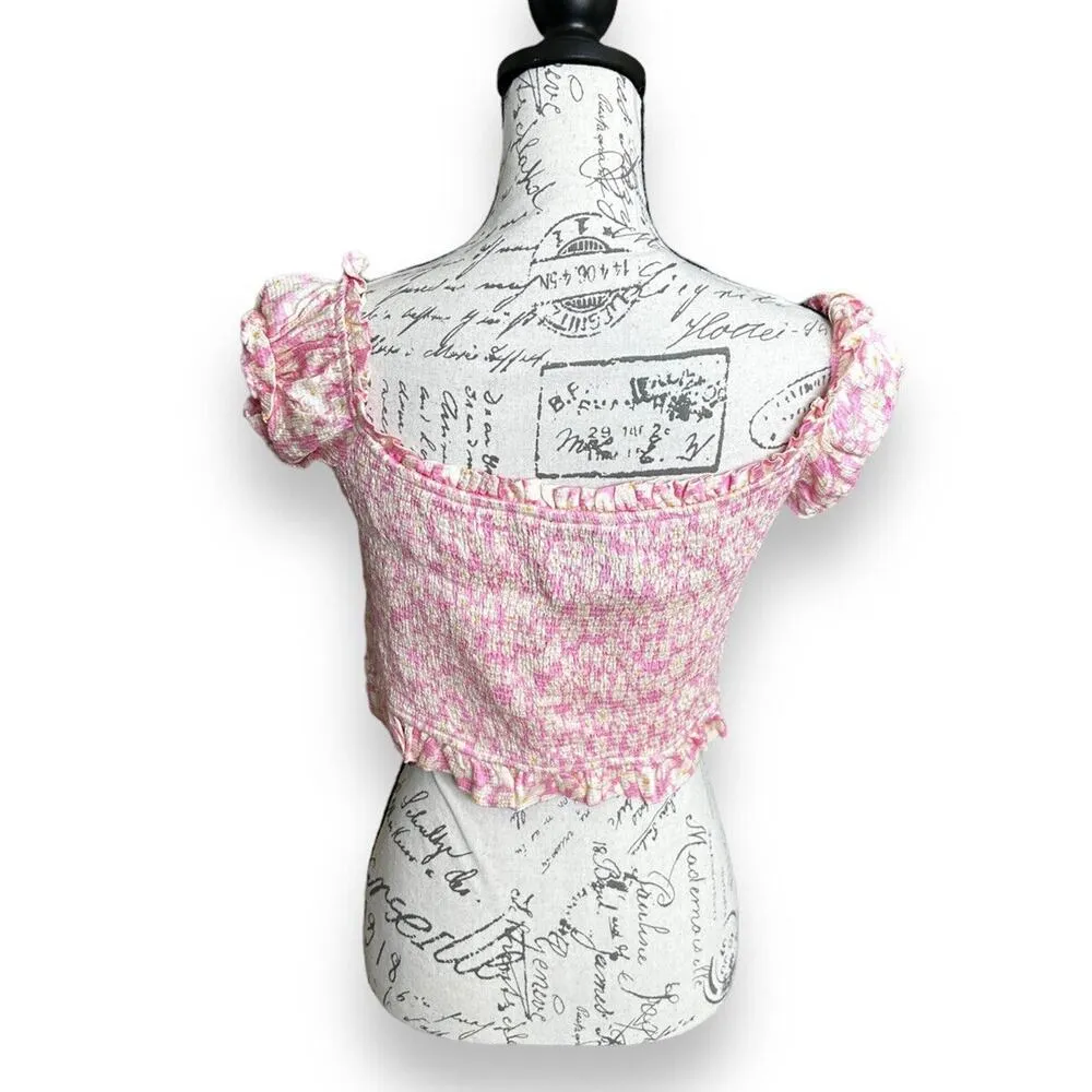 New Zara Women's Pink Yellow Floral Smocked Ruffle Cropped Off Shoulder Top XL - Image 5