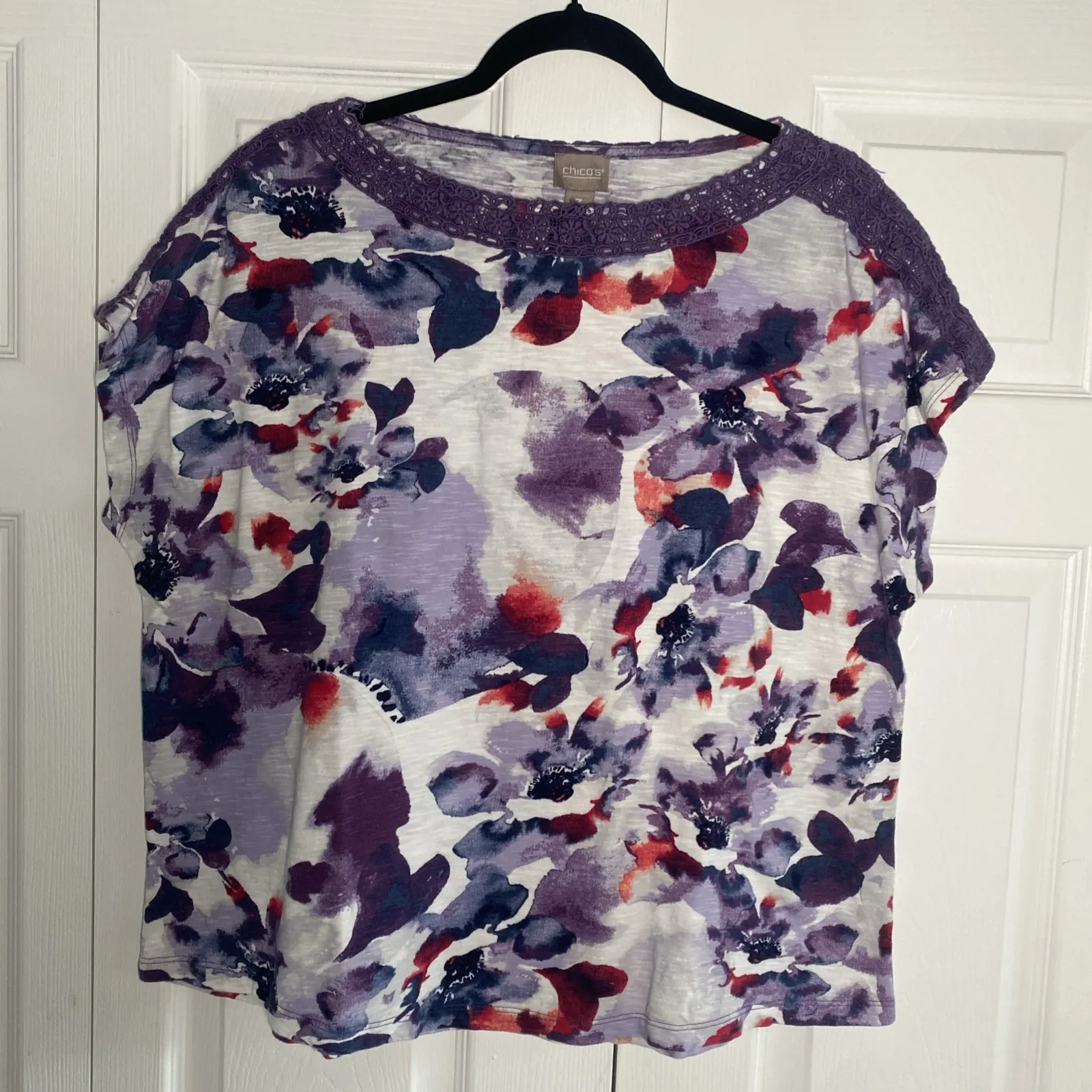 Chicos 3 Womens XL Purple Floral Lace Boxy Top Cotton Made in India - Image 2