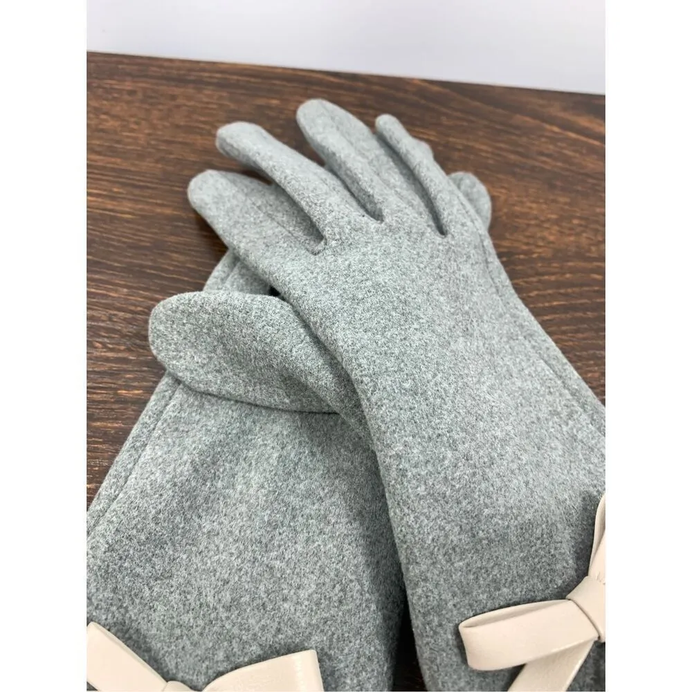 2 Chic Women's Gray Fabric Touch Screen Vinyl Trim Bow Gloves Size Medium Gray - Image 5