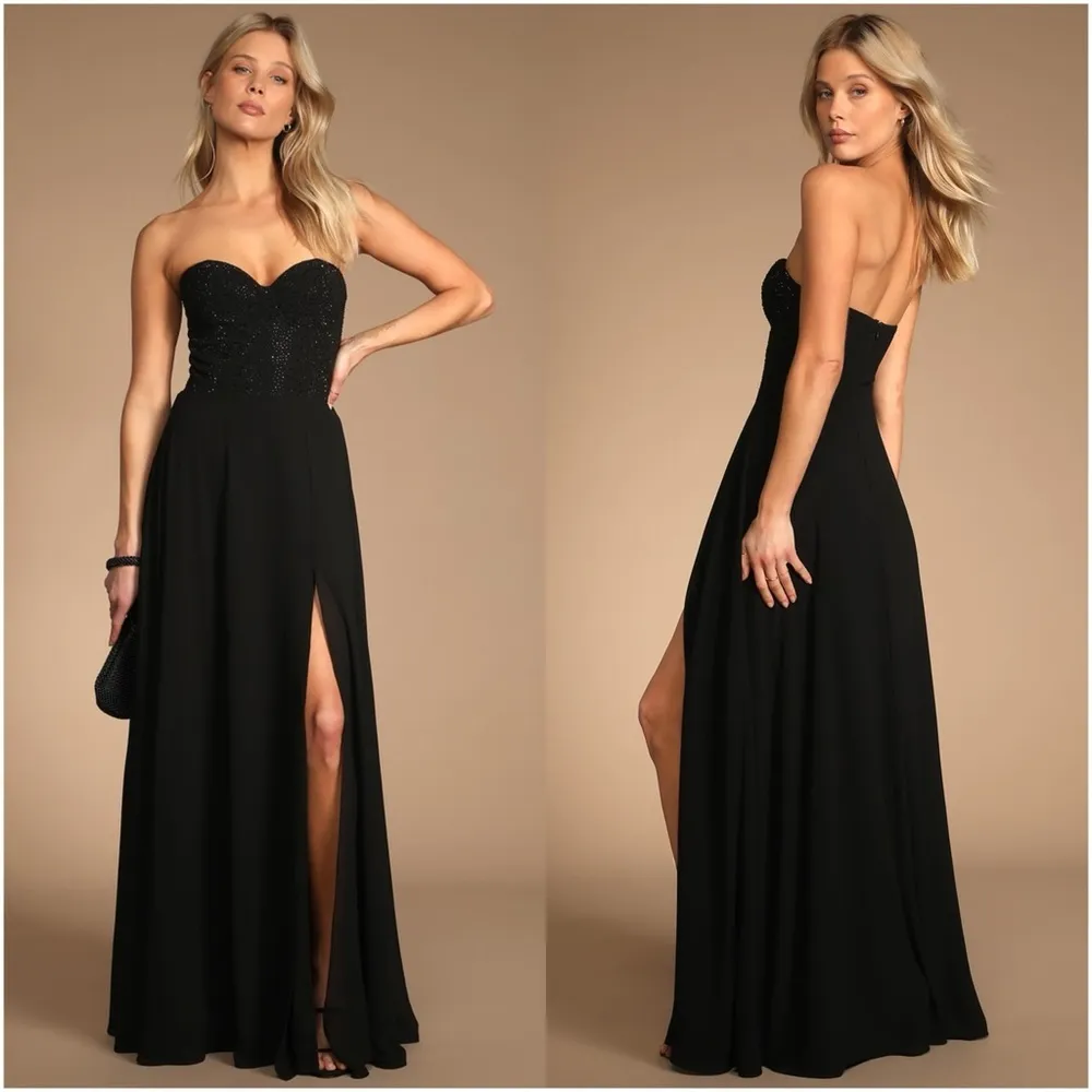 LULU’S Remember The Moment Black Rhinestone Strapless Maxi Dress - Image 2