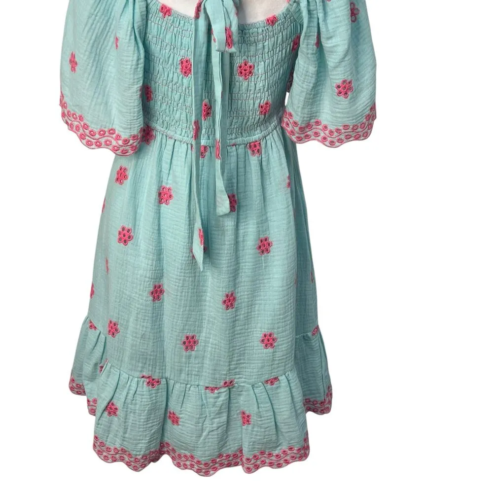 Easel Embroidered Smocked Tie Back Cotton Blue Ruffle Dress Small A Line Boho - Image 13