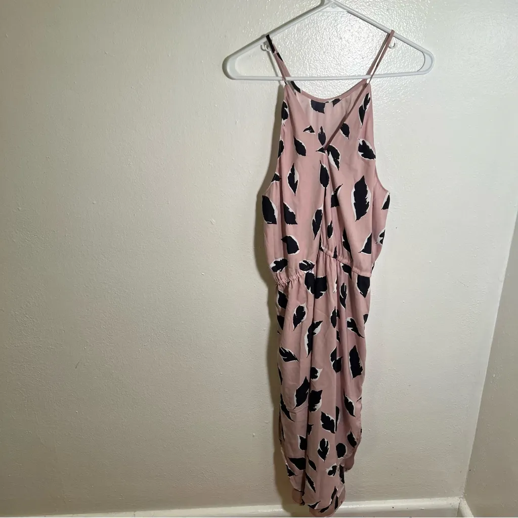 Loft Sleeveless Midi Dress Pink Black Feather Print L - Image 7