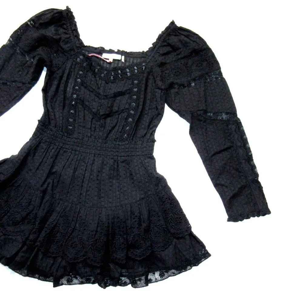 NWT LoveShackFancy Sanaya Mini in Black Ribbon & Eyelet Trim Cotton Dress S - Image 4