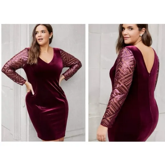 Lane Bryant Wine Red Sequin Sleeve Velvet Double V-Neck Sheath Dress Size 16 - Image 2