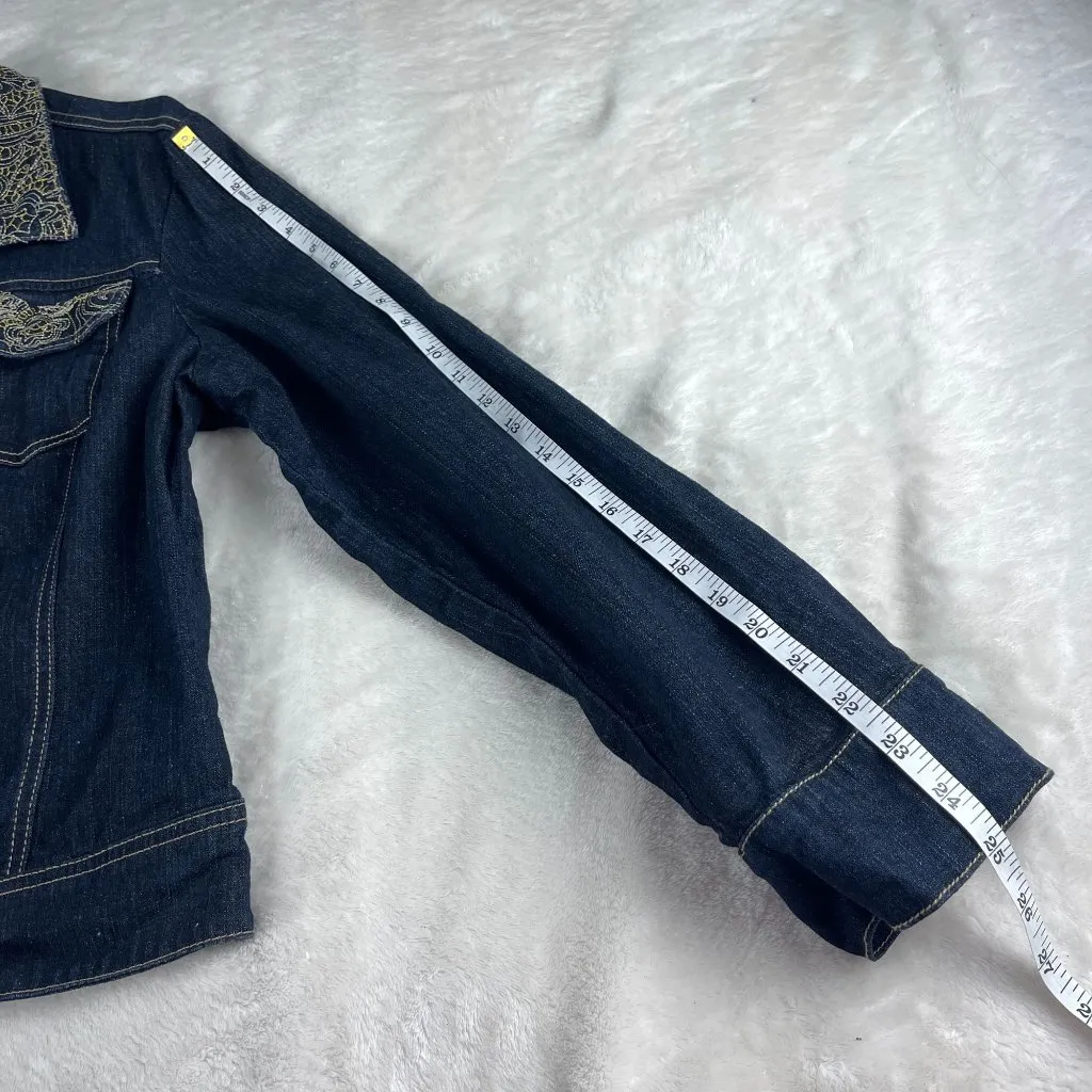Jeanstar Ramie Blend Embroidered Jean Jacket Womens Sz L Blue Button Up Pockets Size L - Image 8