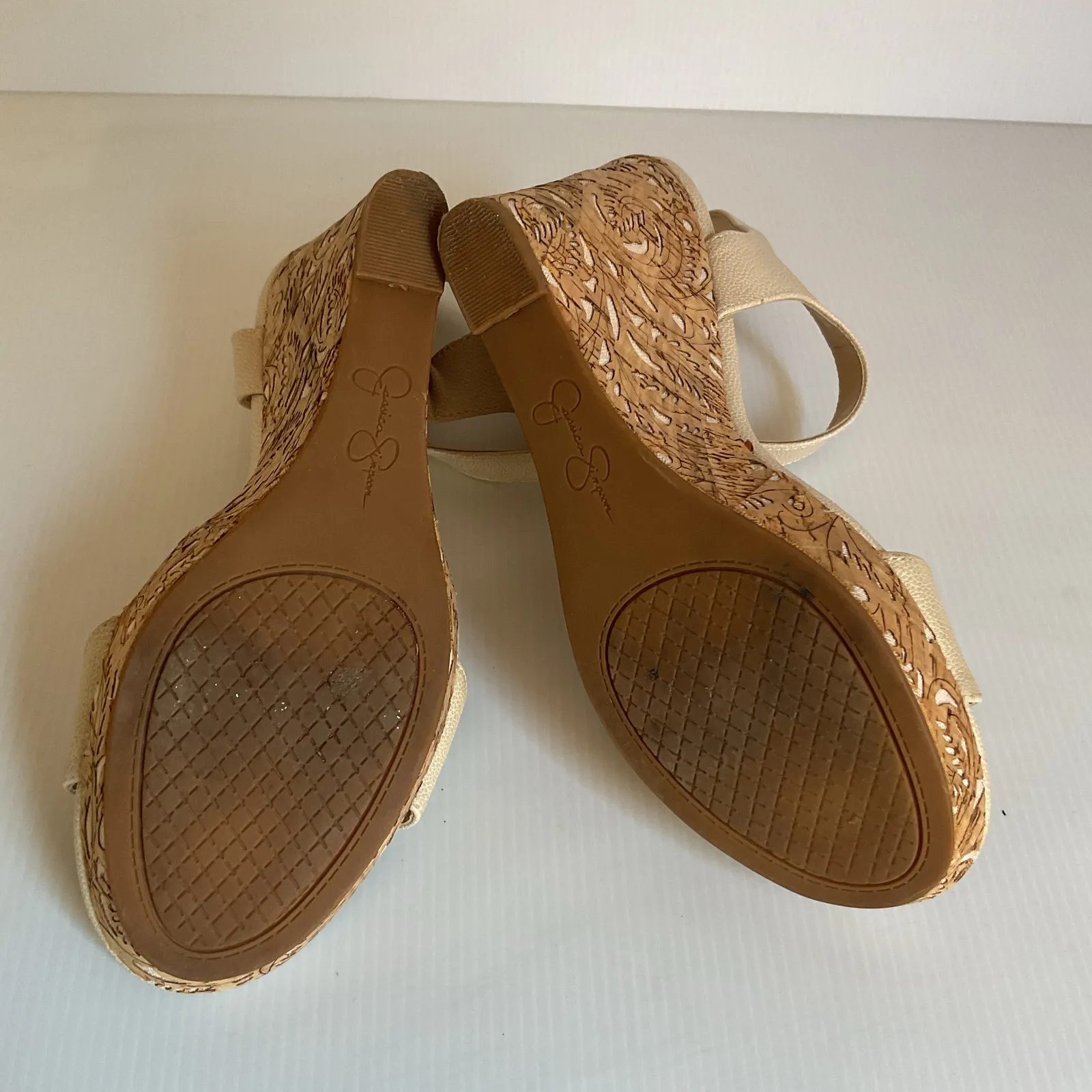 Jessica Simpson Cork Wedge Heels Size 9M Beige Ankle Strap Sandals Floral - Image 6