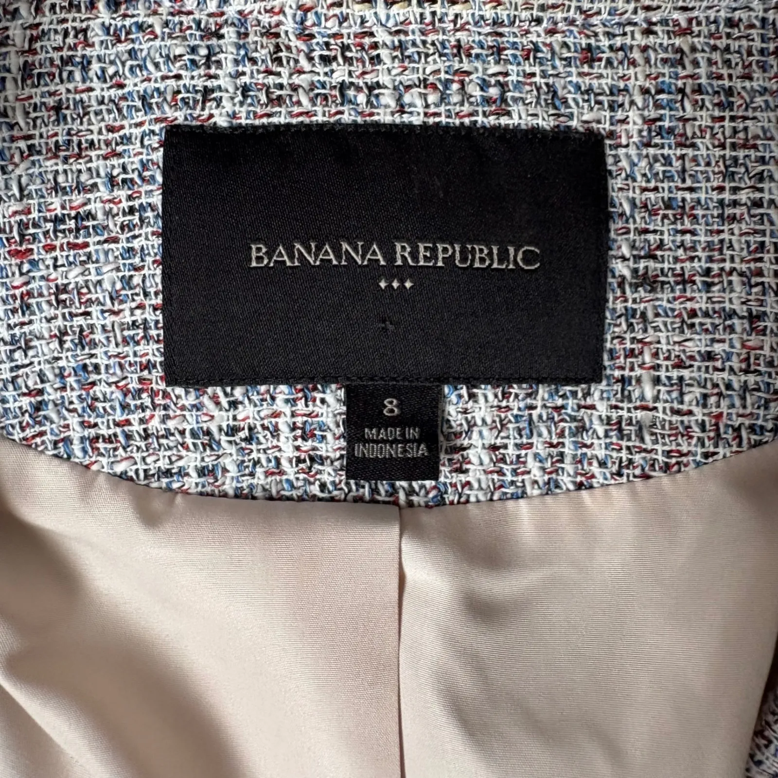 Banana‎ Republic Tweed Blazer Jacket Blue Multi Fringe Trim Open Front Career - Image 6