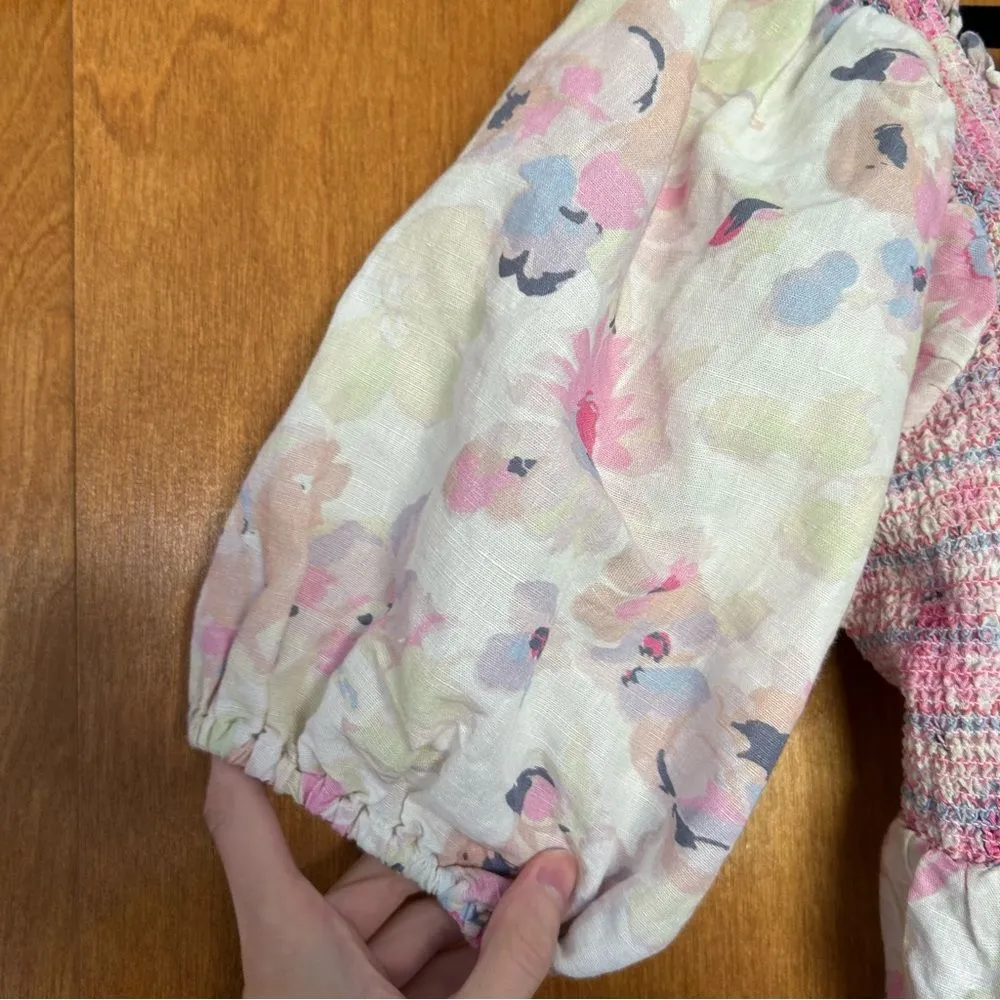 Something Navy Floral Smocked Puff Sleeve Ruffle Squareneck Short Sleeve Top - Image 2