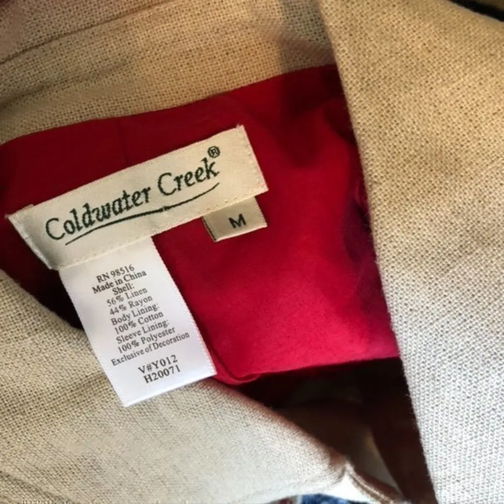 COLDWATER CREEK Beige Tan Red Blue Cross Stitch Linen Etc Shacket Jacket Medium - Image 4