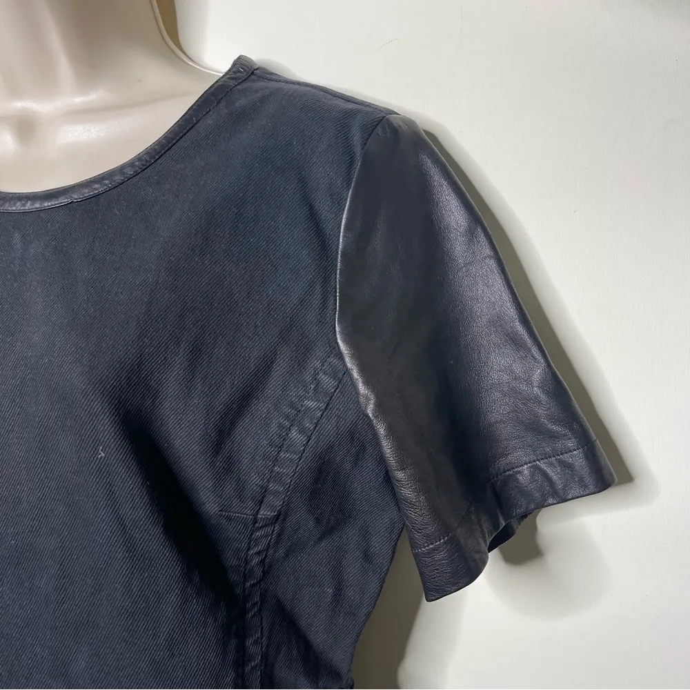 Marc by Marc Jacobs black denim mini dress leather sleeves sz 12 - Image 3