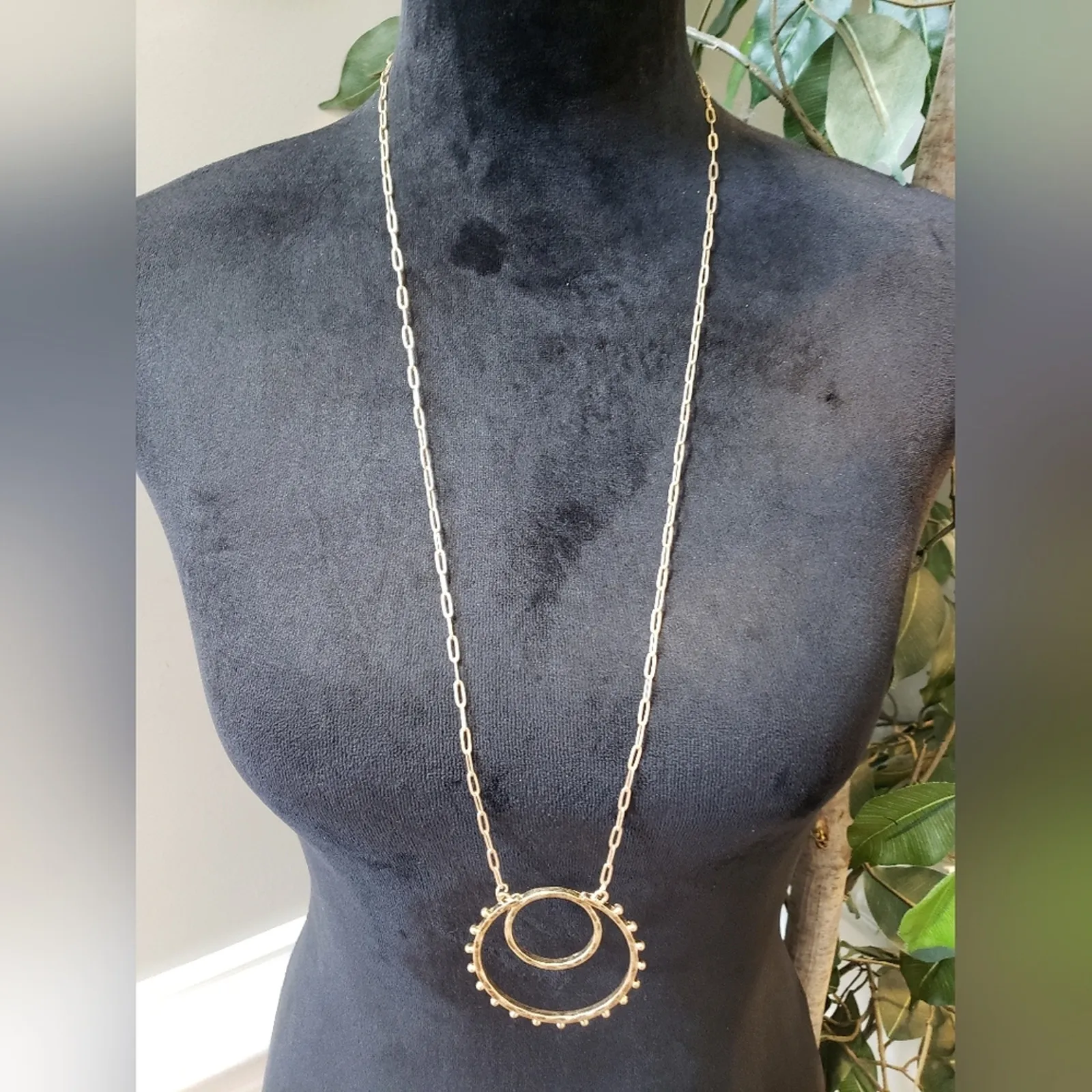 Womens Fashion Gold Tone Double Circle Long Pendant Paper Clip Chain Necklace - Image 6