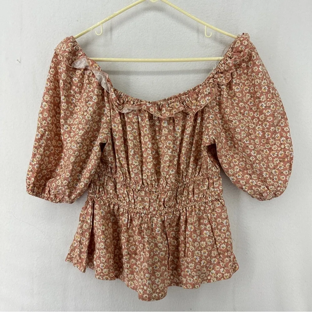 NEW Emelia Ruffle Puff Short Sleeve Floral Linen Blend Top Blouse M Pink Size M - Image 9