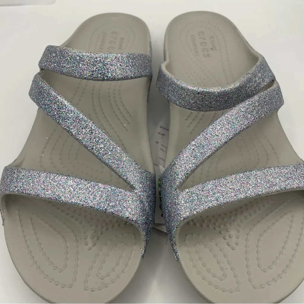 Crocs Kadee II glitter gray/silver slide sandals women’s Size 9W - Image 4