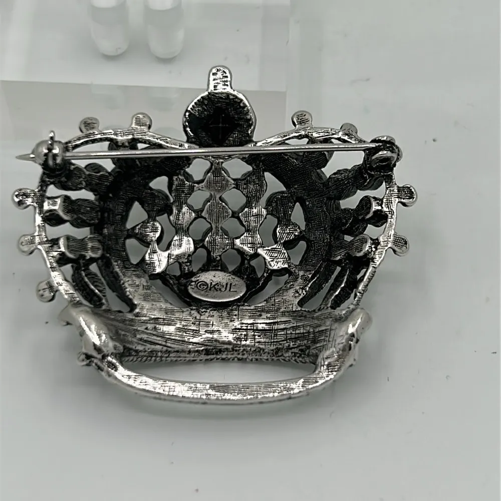 Vintage Signed KJL Silver Crown Brooch Pin - Image 2