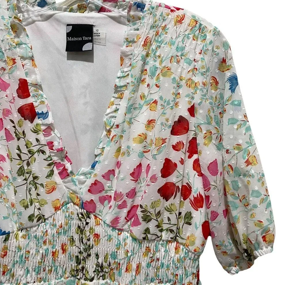 Maison Tara Floral Chiffon Clip Dot V Neck Smocked Midi Dress Size 10 - Image 6