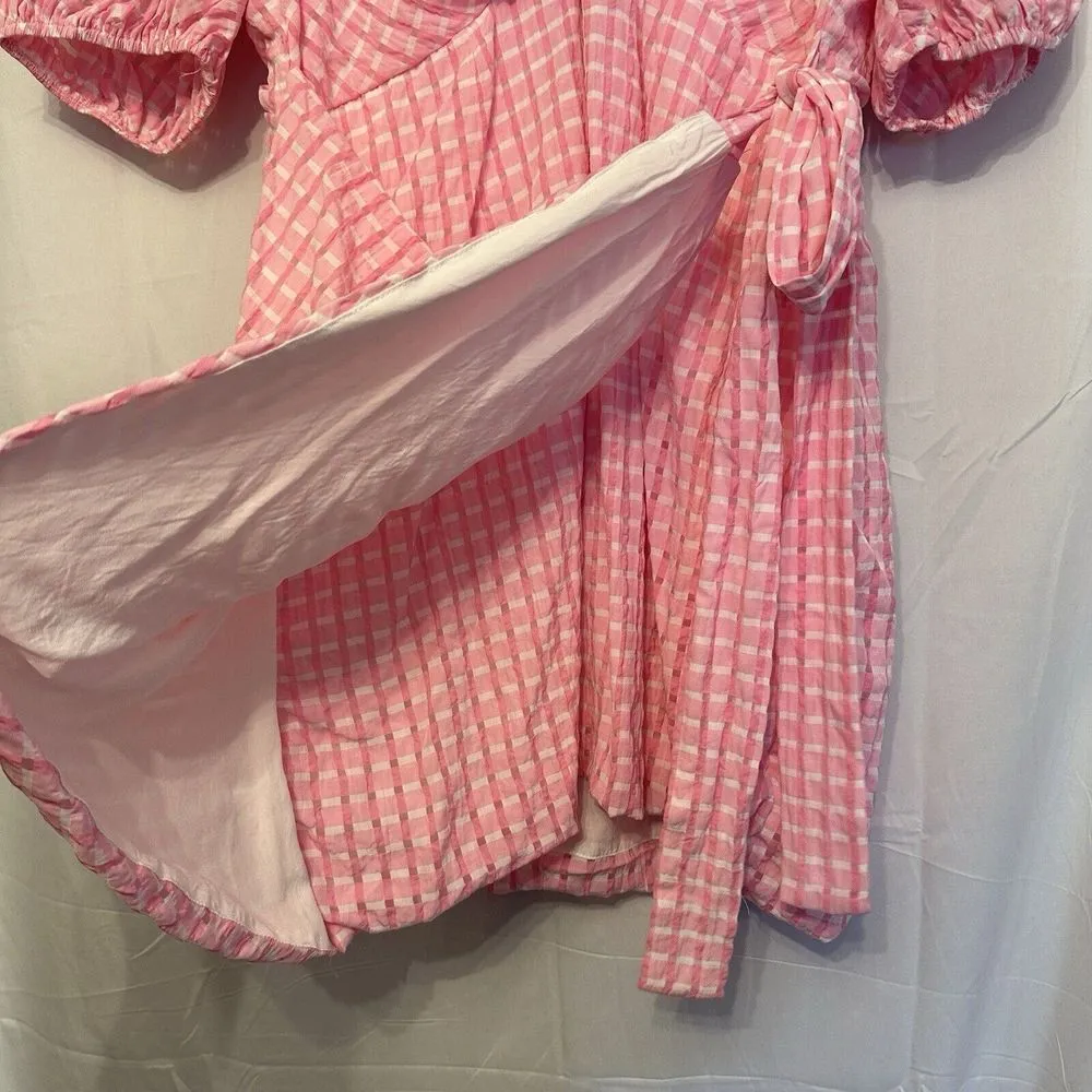 Princess Polly Size 12 Pink Gingham Plaid VNeck Faux Wrap Puff Sleeve Mini Dress - Image 3