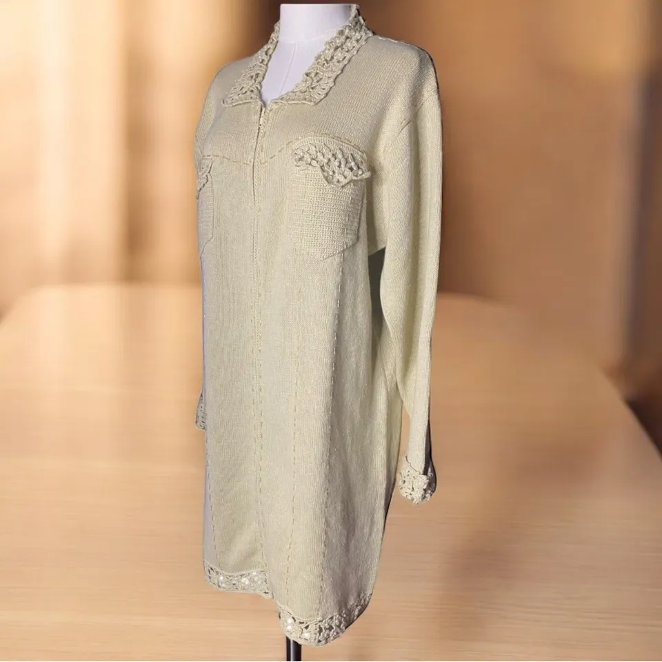 Vtg Storybook Knits 1X NWOT Ivory Duster Cardigan Ramie Cotton
Pearl Crochet Zip Size XL - Image 5