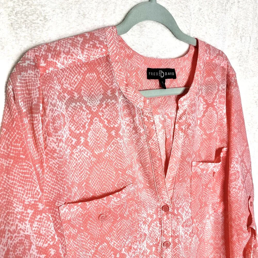 Fred David Long Roll Tab Sleeve Button Up Blouse Patch Pocket Pink White XL Top - Image 3