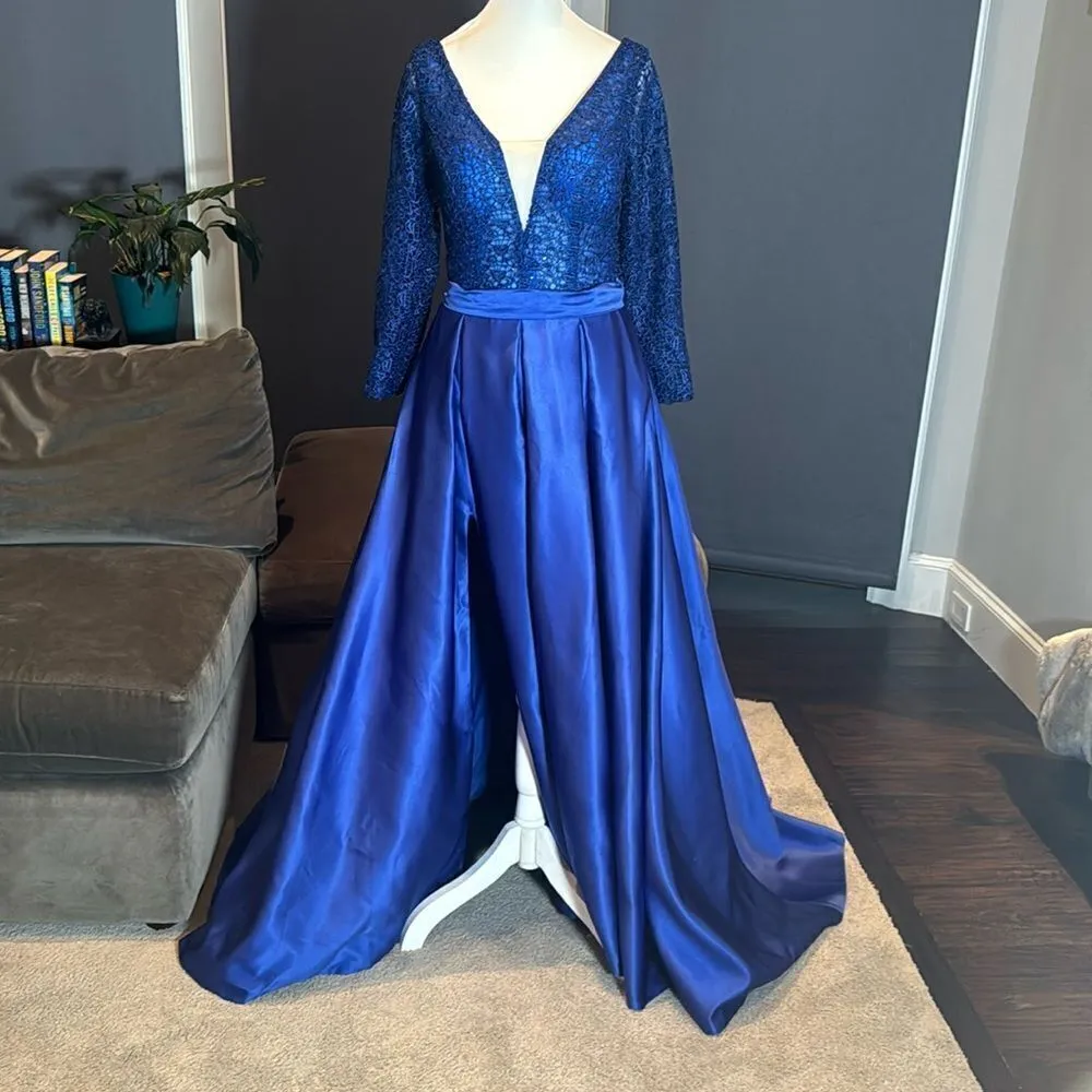 Women’s Blue Full Length 3/4 Sleeve Sparkly Sheer Bodice Dress Leg Slit Size 6 - Image 4