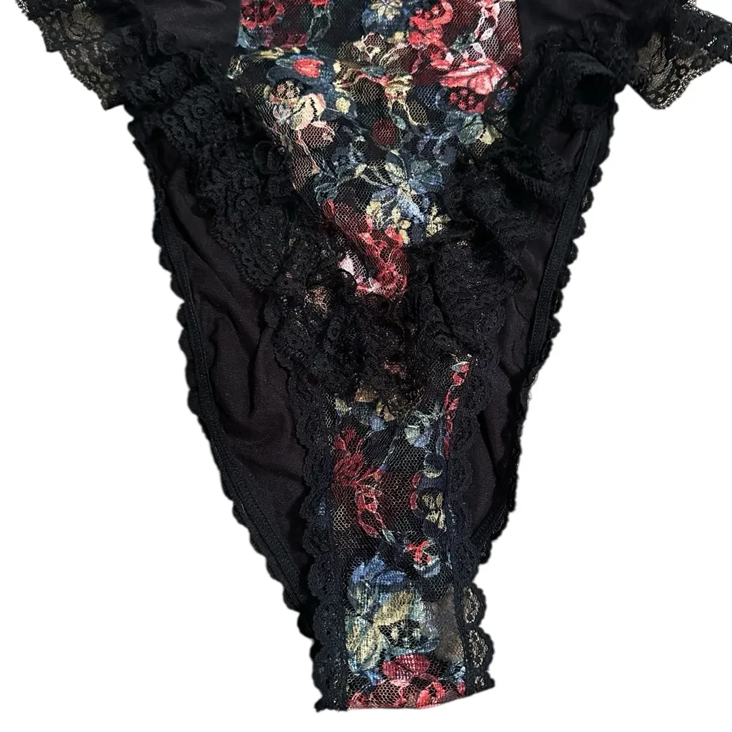 Vintage 90s Black Floral Ruffle Lace Sheer Lingerie Teddy High Cut Size Large - Image 4