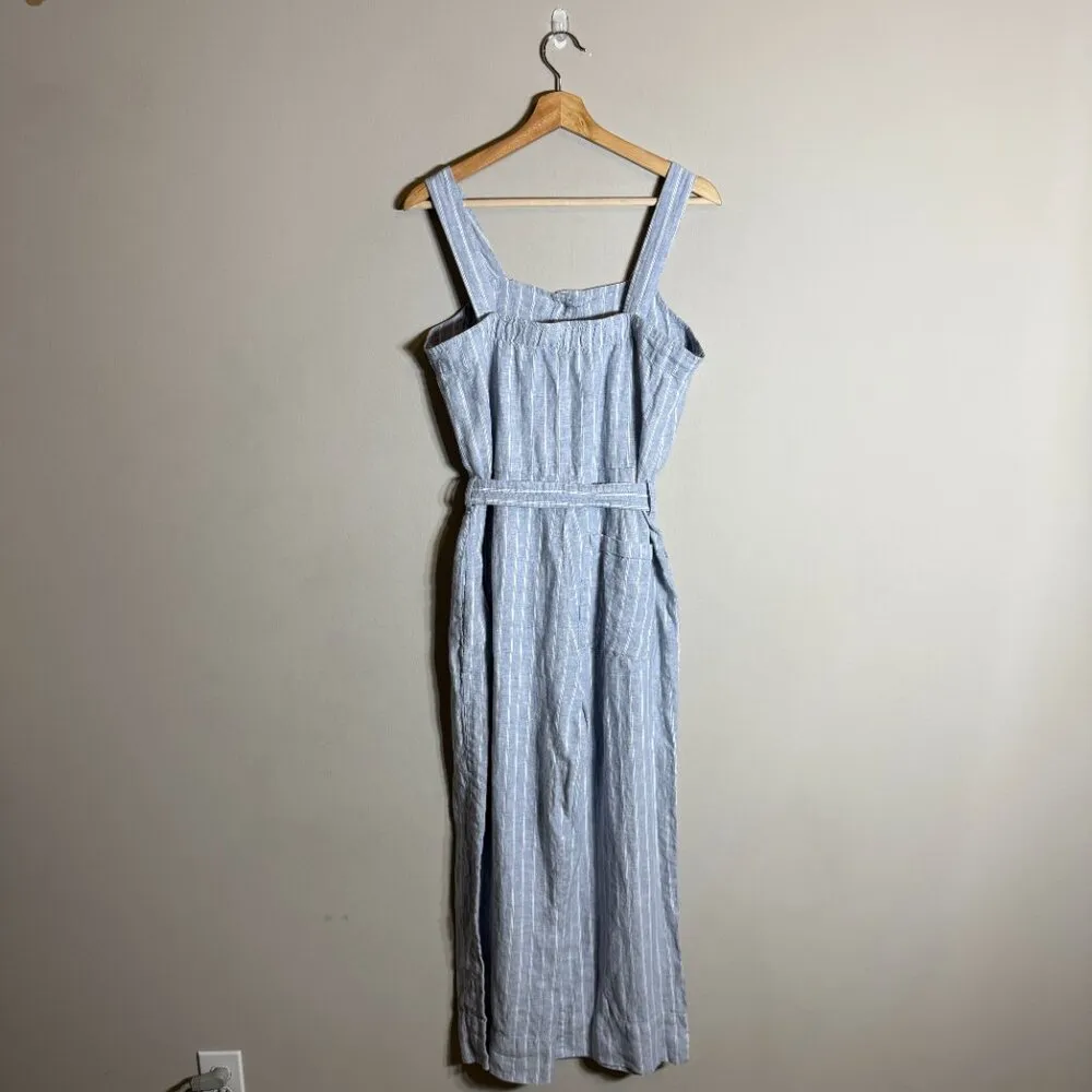 Everlane Linen Striped Button Up Jumpsuit Women's 4 Blue Tie Waist Boho Coastal - Image 5