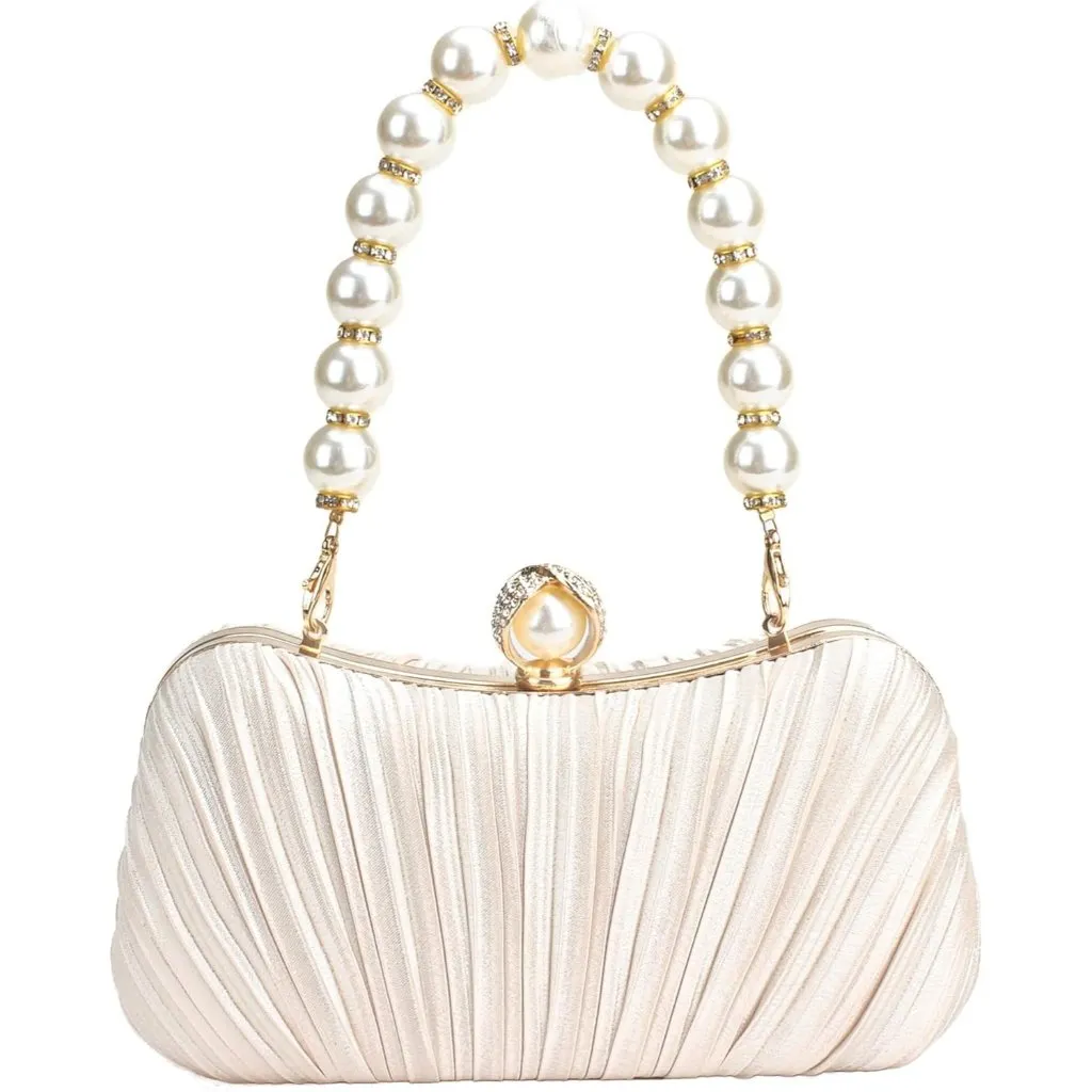 ⚡ Women's White Satin Pearl Evening Chain Strap Shoulder Clutch Handbag - Image 1