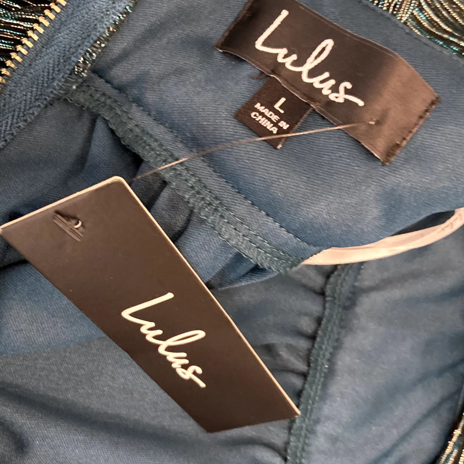 New LULUS Ailey Metallic Teal‎ Twist Back Skater Dress Womens Size L Mini Party Blue Size L - Image 4