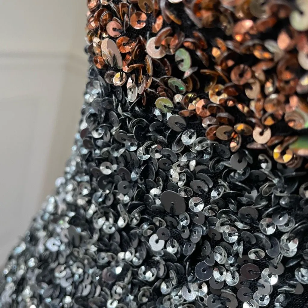 French Connection Sequin Cocktail Dress Metallic Colorblock Stripe Gold Silver 4 - Image 7