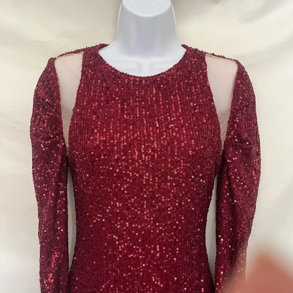 LuxeDress Red Sequin Mini Dress Sz S Mesh Cutout Bling Glam Cocktail Valentine - Image 2