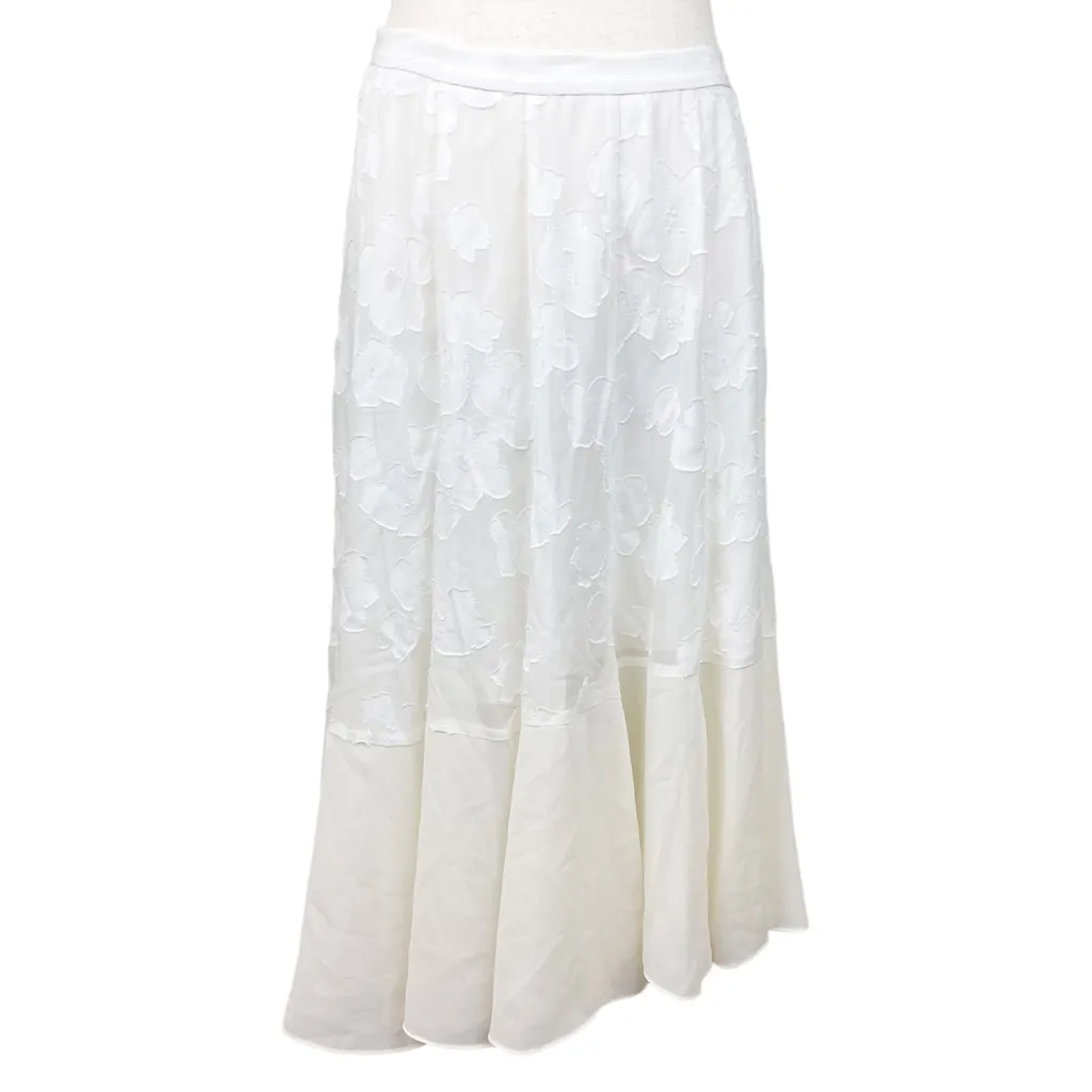 Rebecca Taylor Asymmetrical Hem Mixed Fabric Midi Skirt Size 4 Silk Floral White - Image 3