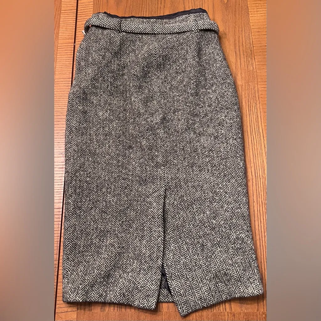 Ralph Lauren Vintage Blue Label Houndstooth Wool Long Pencil Skirt w/ Belt Sz 2 Gray - Image 9