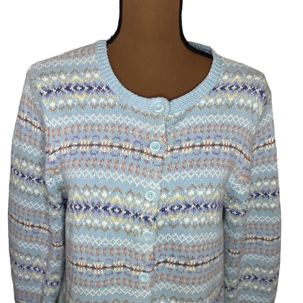Tiara International light blue fair isle Nordic zip sweater size L - Image 69