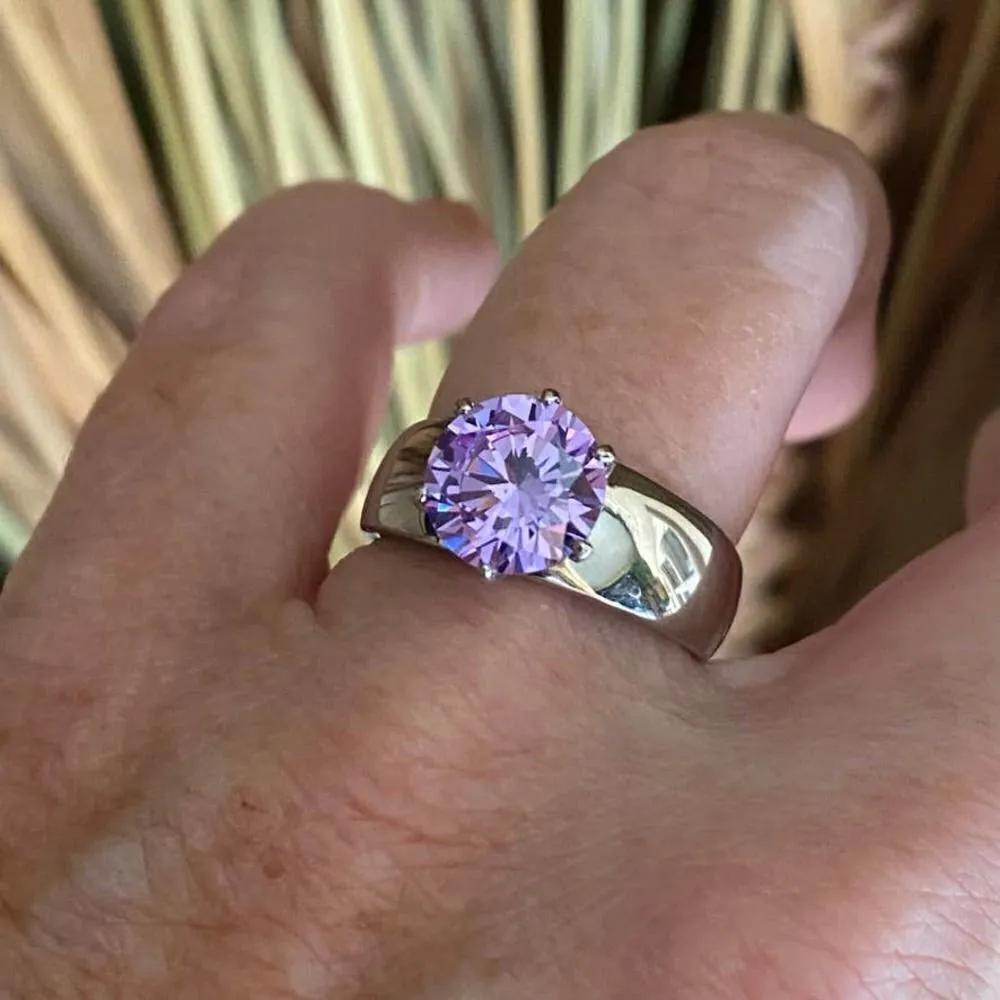 High polished Stainless Steel Ring with Amethyst AAA Grade CZ Size 9 Purple - Image 5