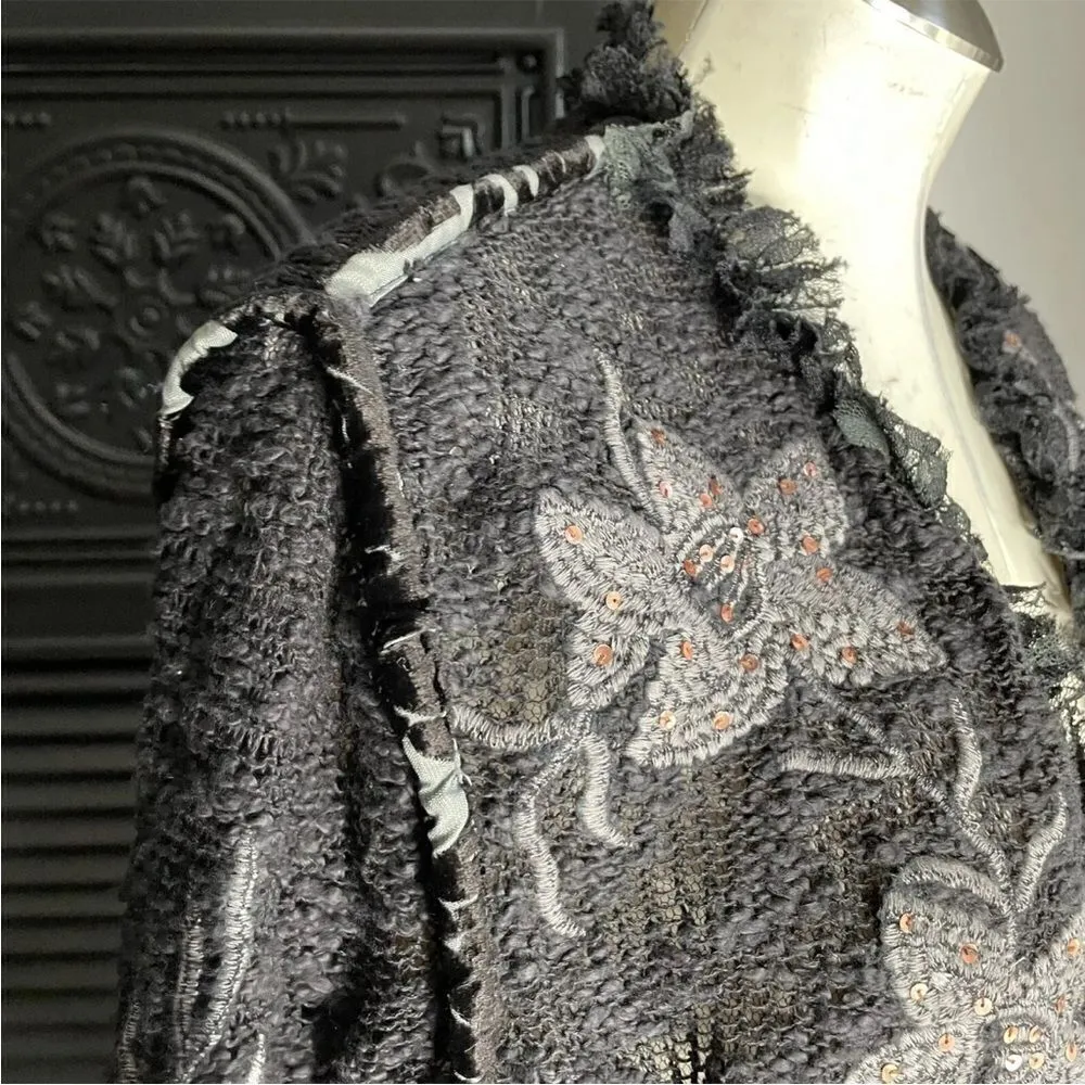 Sandy‎ Starkman Shabby Embroidered Chic Floral Sequin Lace vintage jacket 90s M Gray Size M - Image 4