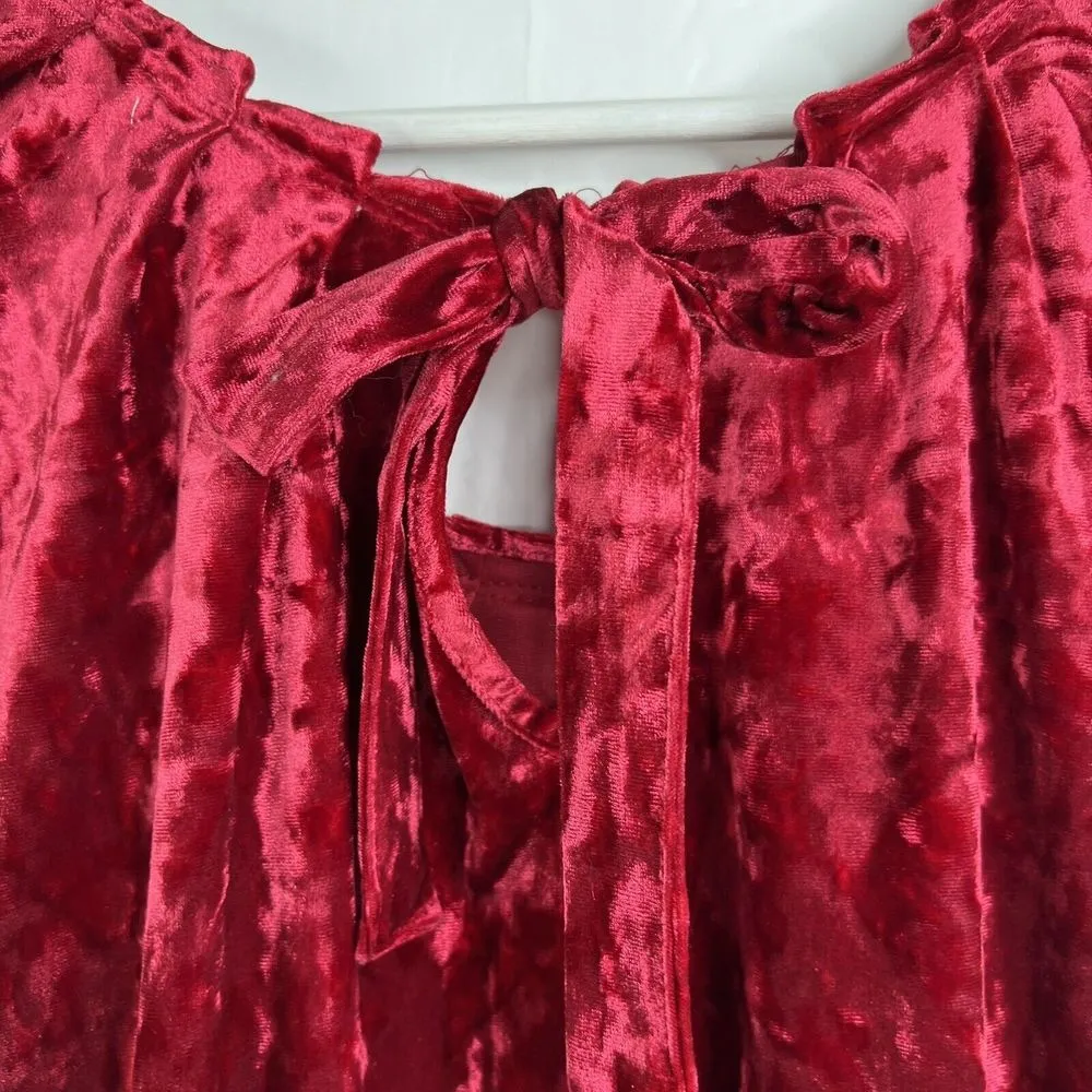 LC Lauren Conrad Size S Velvet Pleated Top Red Short Cap Sleeve Keyhole Back - Image 8