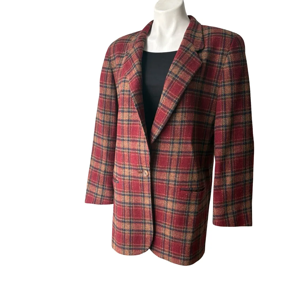 L.L. BEAN Vintage 80s 90s Preppy Tartan Plaid Single Button Wool Blazer, Sz 14 R Red - Image 5