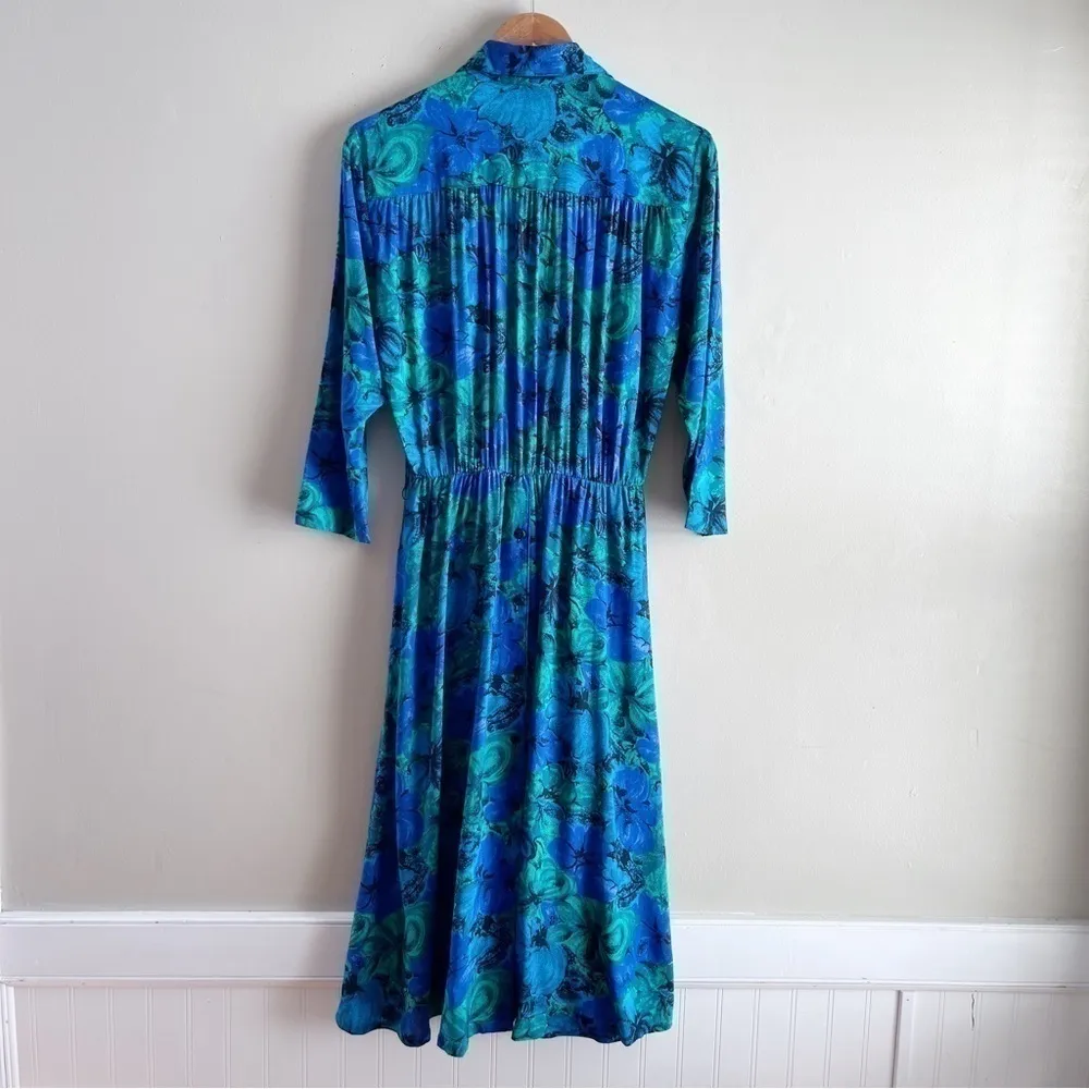 Vintage 80s Midi‎ Shirt Dress w/ Pockets Blue Green Floral Print, Size 4 - Image 9