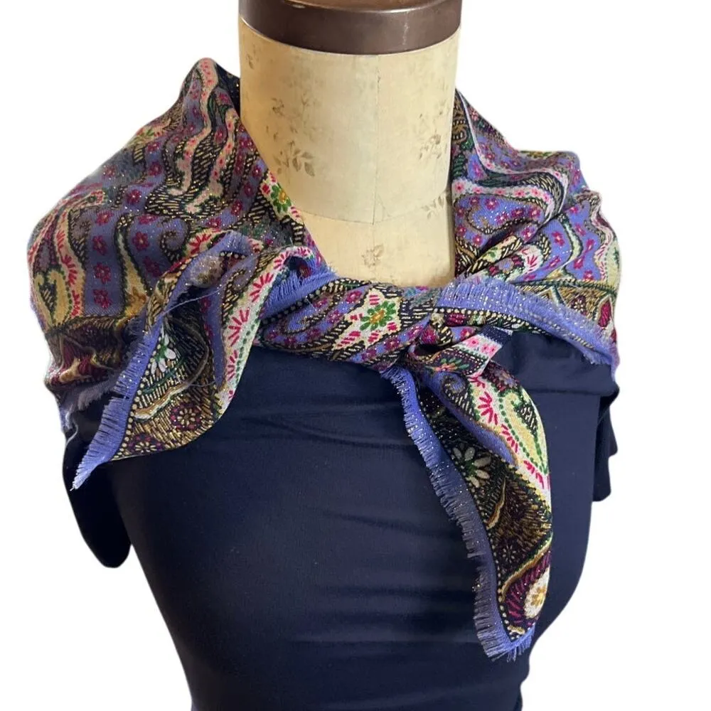 Purple Wool Printed Sparkly Scarf fringe edges 30in Vintage - Image 2