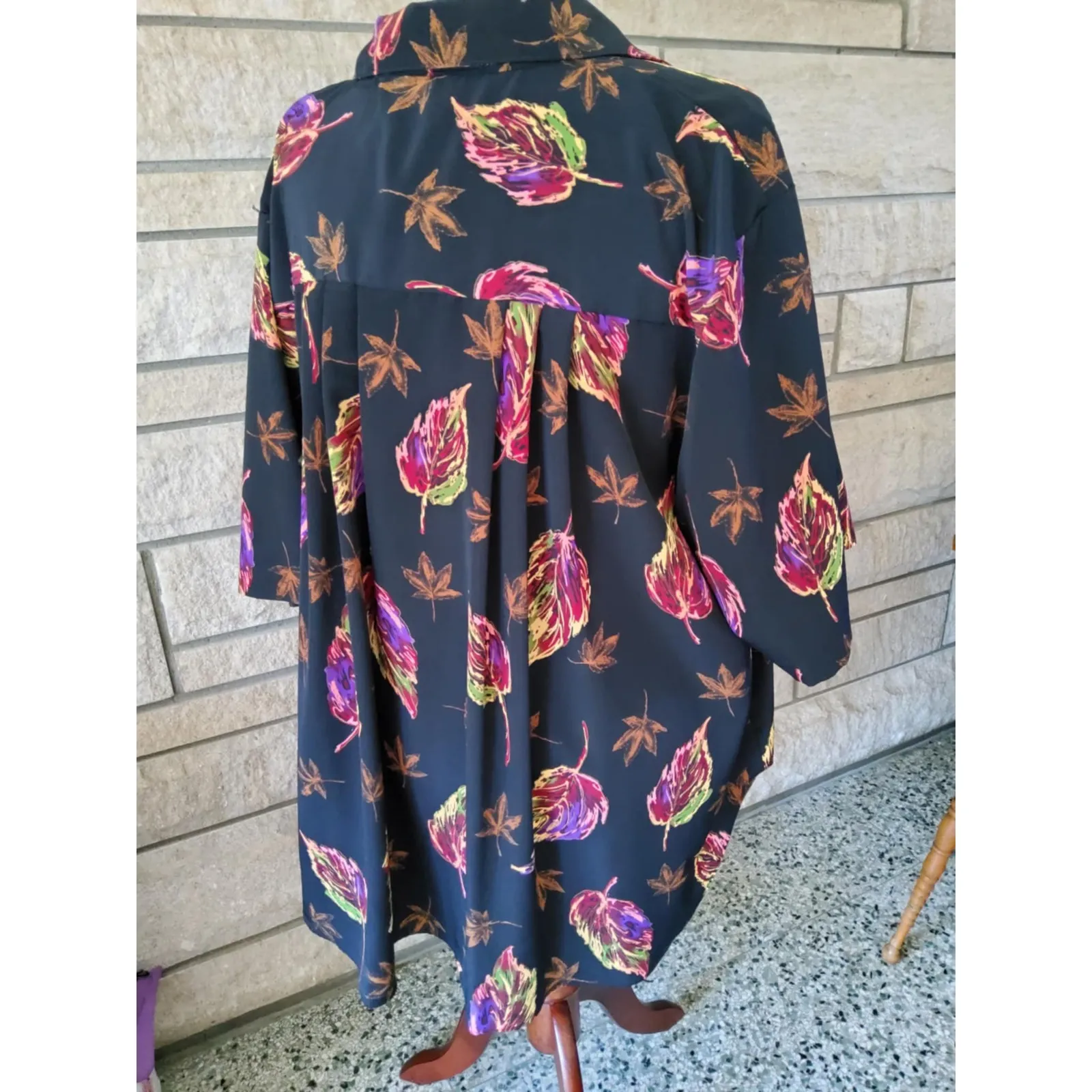 Vintage Personal Touch 4X Button Down Duster Dress Leaf Print Black‎ Multicolor Black - Image 2