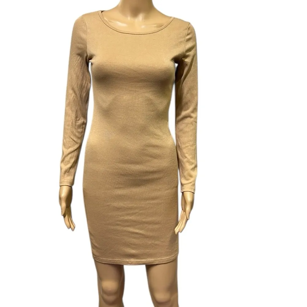 Cotton Khaki Tan Long Sleeve Formfit Bodycon Tee Shirt Mini Dress Womens Small - Image 3