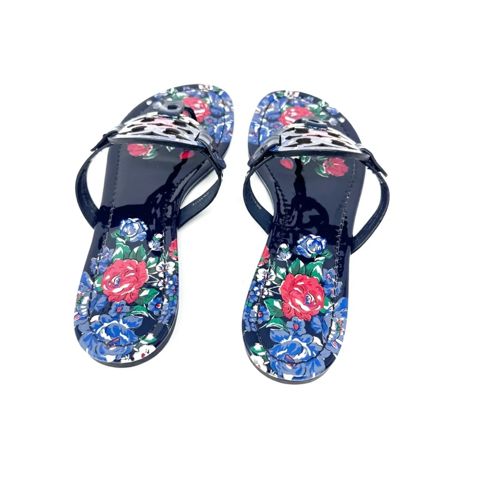 Tory Burch Miller Navy Floral Patent Leather Sandals Size 8 – Tea Rose Print - Image 5