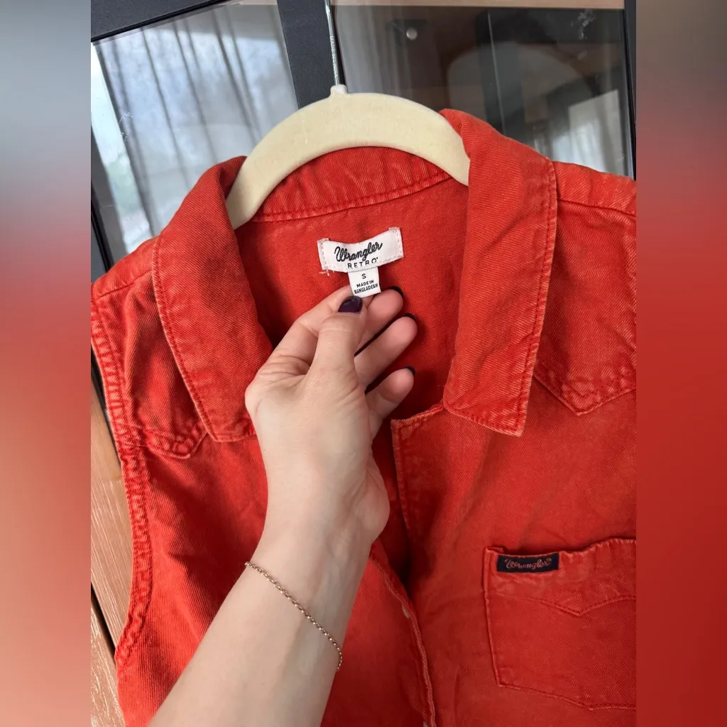 Wrangler retro pearl snap tie front button down top western shirt sleeveless Orange - Image 3