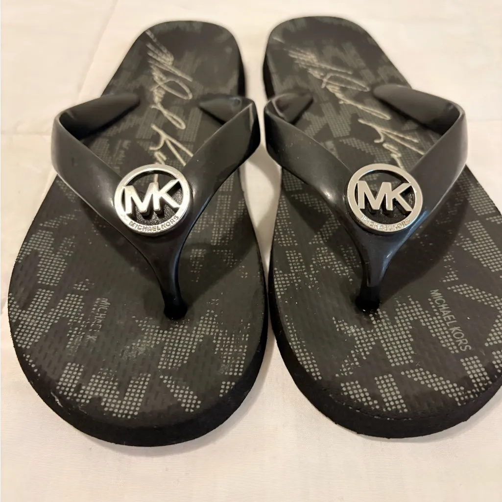 Michael Kors Black Flip Flops with Silver Logo - Image 3
