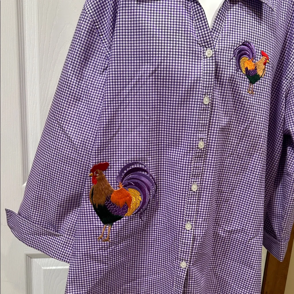 Purple Gingham Button Down Shirt with Rooster Embroidery - Image 3