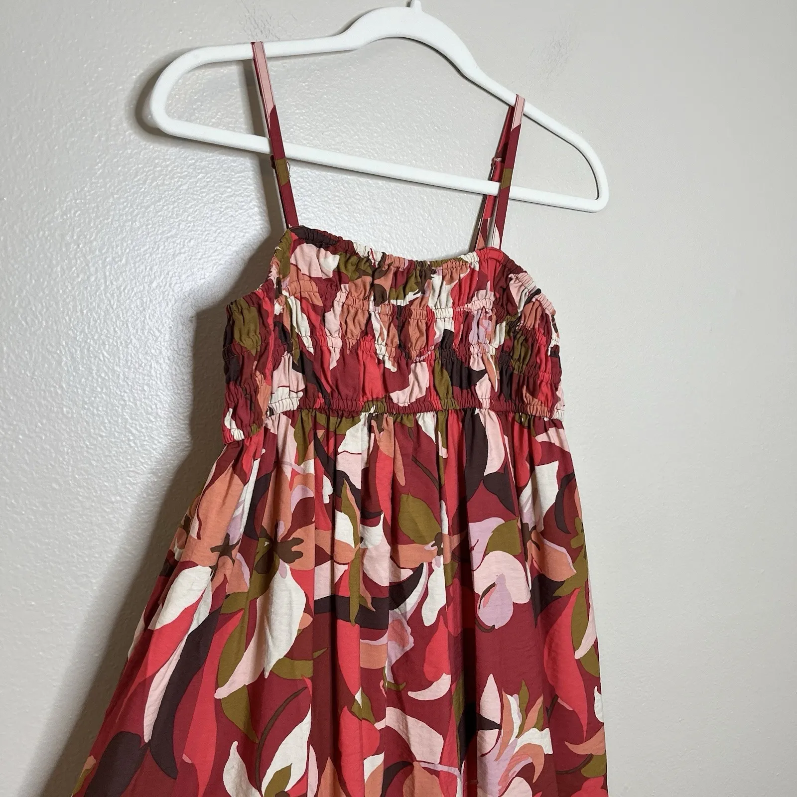 Babydoll Smocked Dress Modi's Floral Lagenlook Red Thin Spaghetti Strap Beach - Image 5