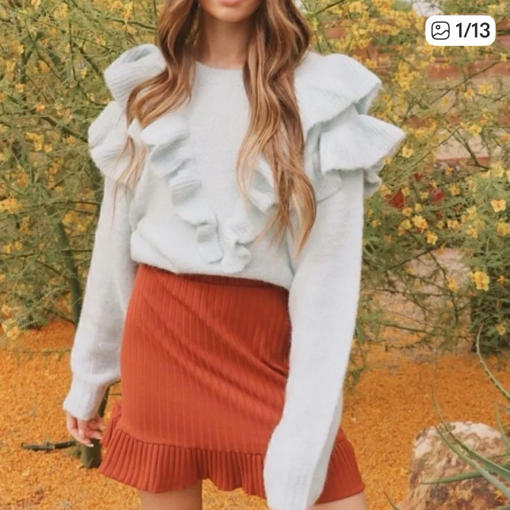 Lost + Wander Stay Humble Sweater Exaggerated Ruffle Baby Blue S / M NWT - Image 3